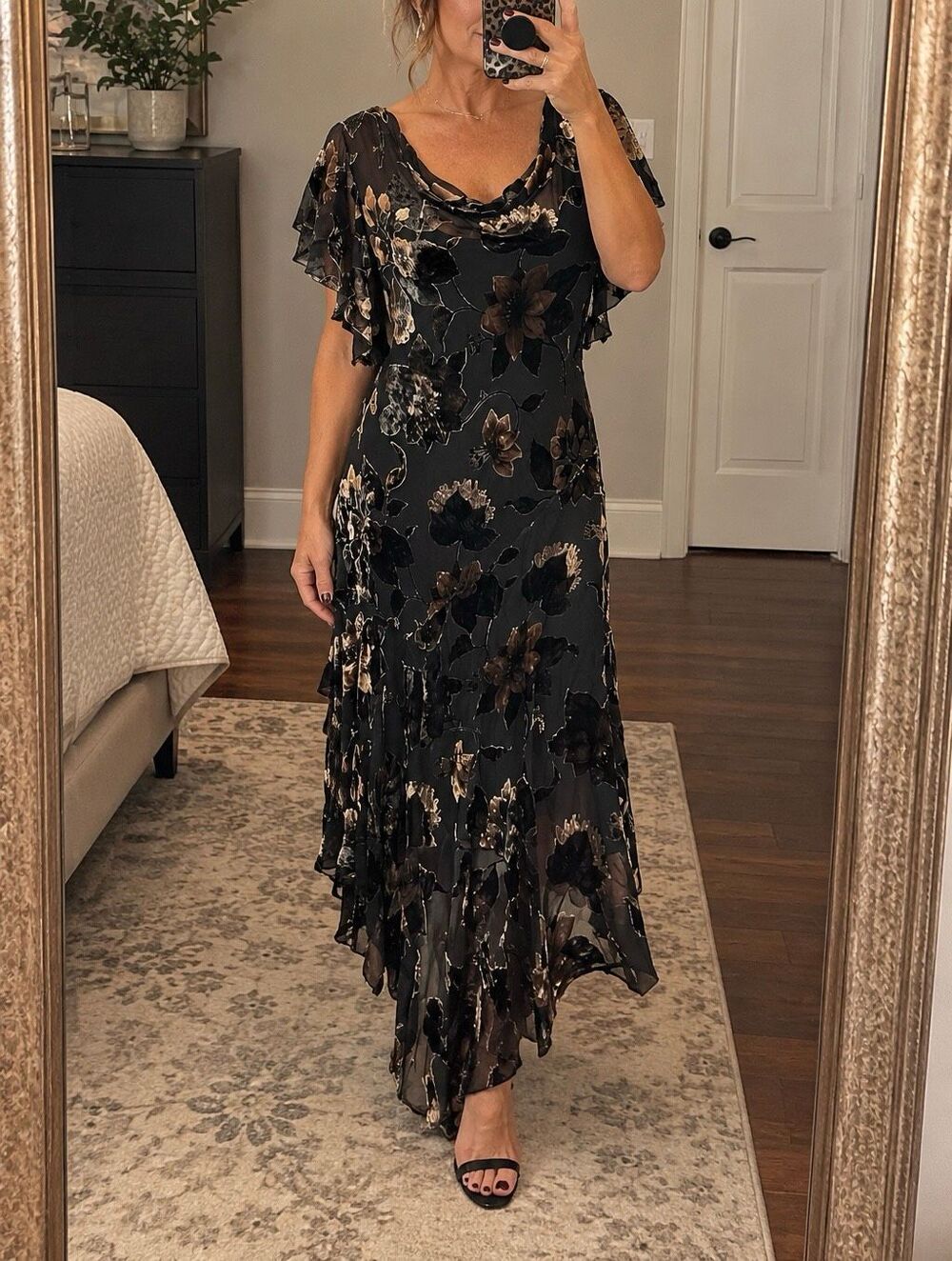 Adrianna Papell Silk Vintage Rayon Velvet Burnout Floral Cowl Midi Dress 12 Y2K